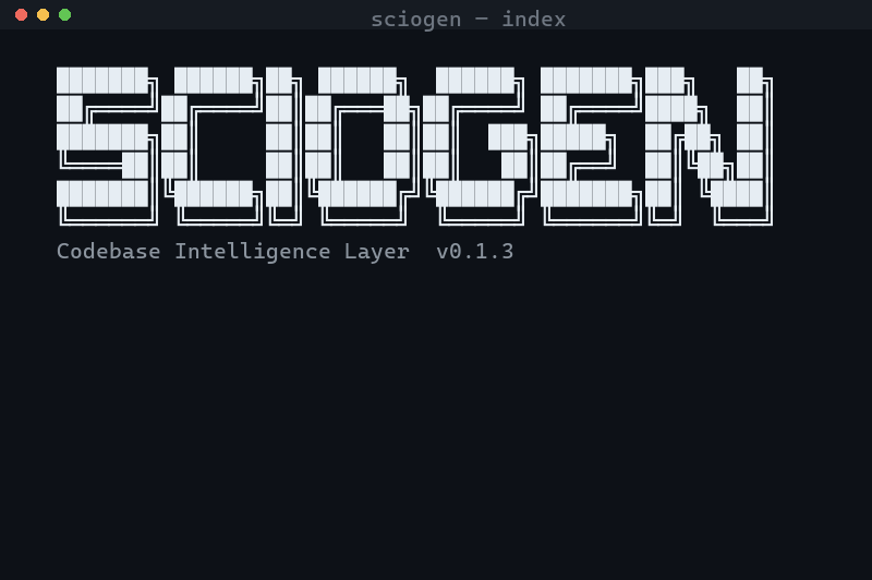 sciogen index running: an ASCII banner, then each pipeline stage — scanning, reading, parsing, building, embedding, linking — ticking off to a green check, ending with a node/edge summary.